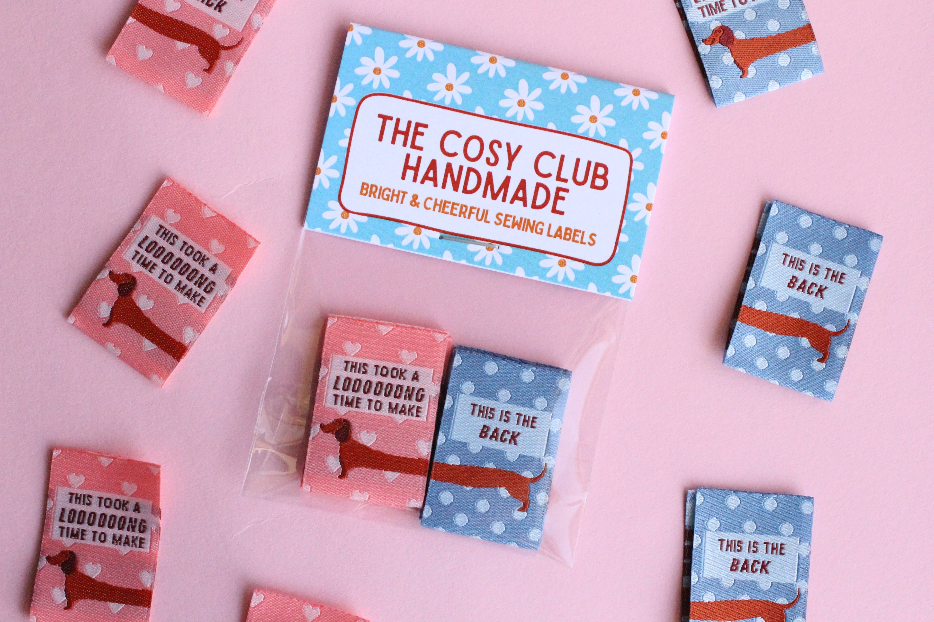 Pink and Blue Sausage Dog Labels - Cosy Club Handmade