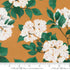 Fabric swatch large white flowers green leaves with burnt orange background
