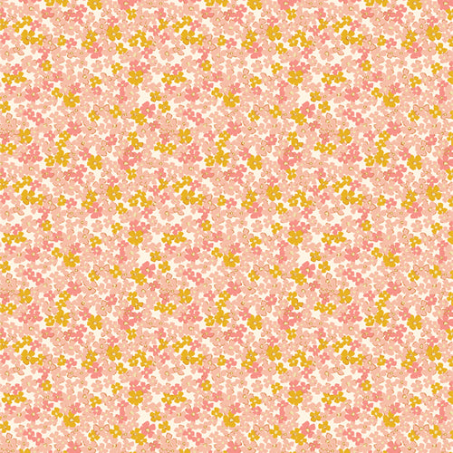 Fabric swatch ditzy print small pink mustard and magenta flowers on cream background