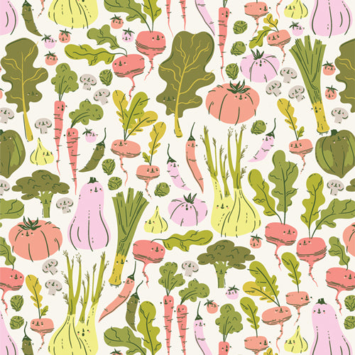 Fabric swatch green purple pink vegetables on white background