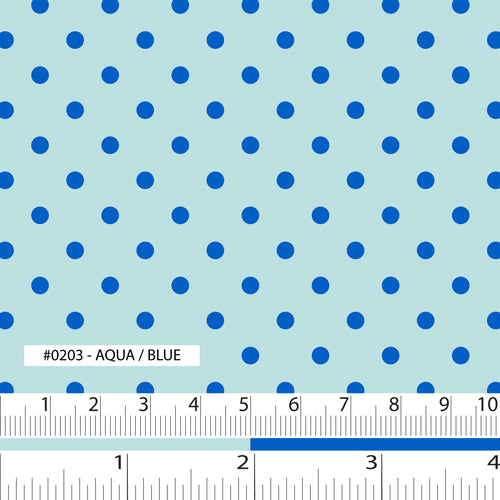 Fabric swatch aqua background with dark blue polka dots