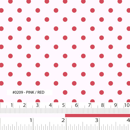 Fabric swatch light pink background with red polka dots