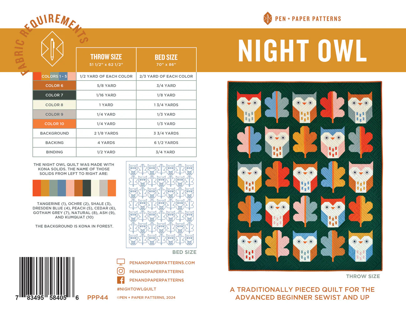 Night Owl Quilt Paper Pattern - Pen & Paper Patterns