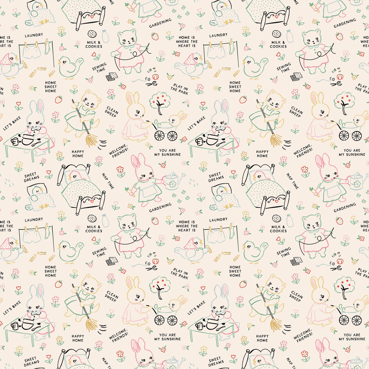 Fabric swatch cute animals doing chores at home on cream background