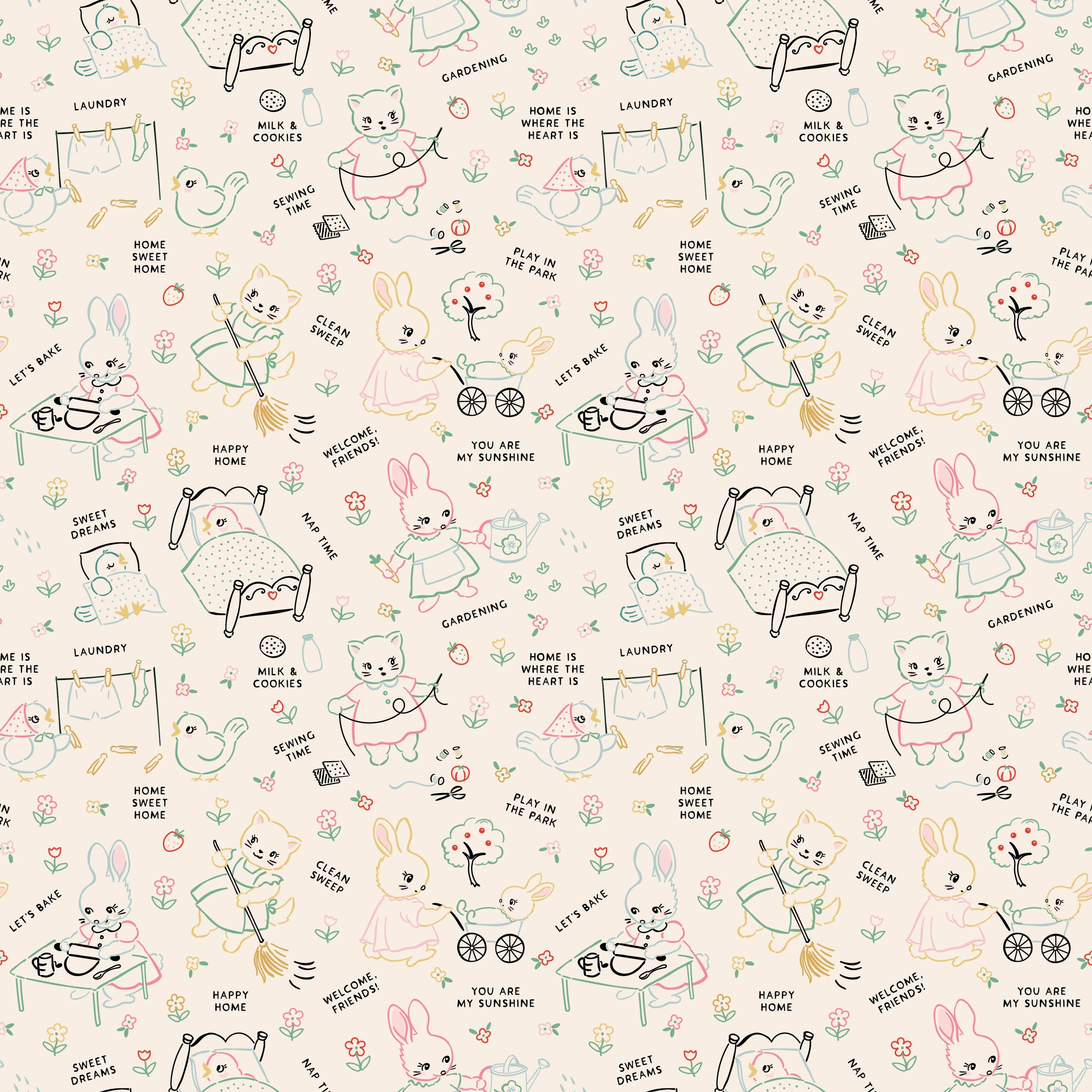 Fabric swatch cute animals doing chores at home on cream background