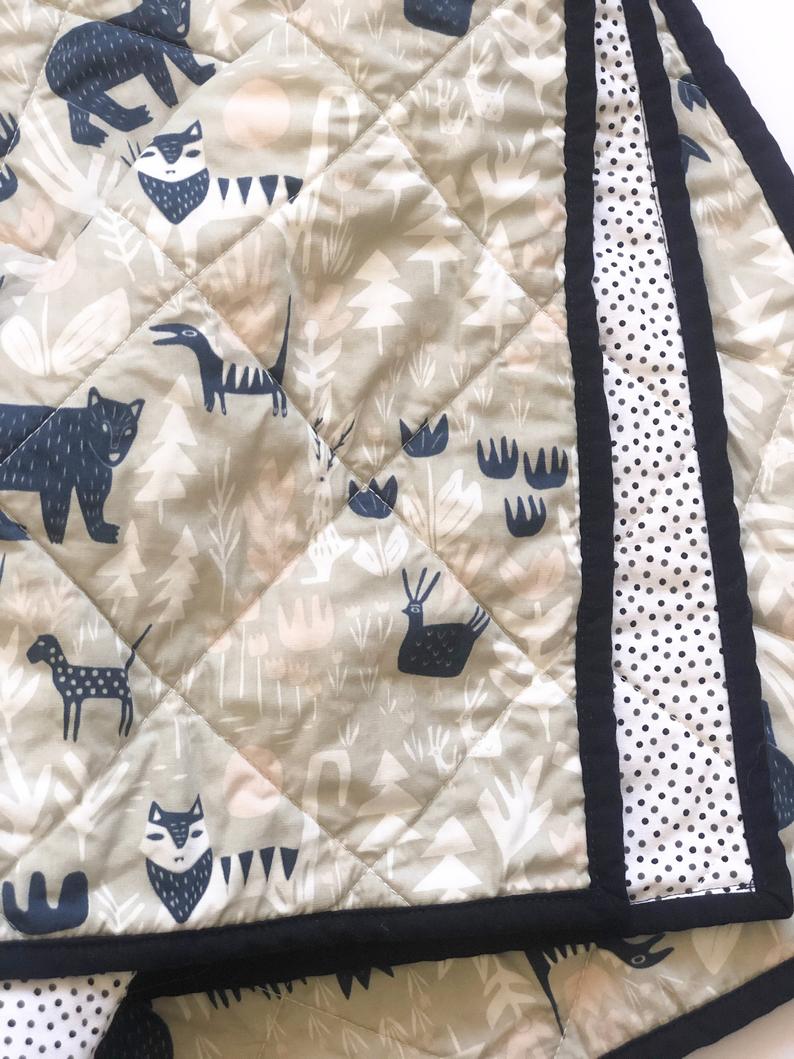 Navy and Grey Woodland Animal Baby Quilt