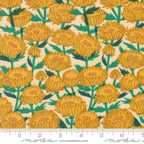 Fabric swatch gold flowers with green leaves with cream background