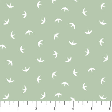 Fabric swatch of white birds on sage background