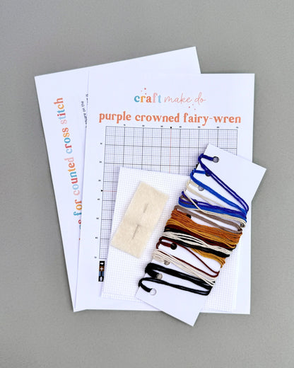 Purple Crowned Fairy-Wren Cross Stitch Kit - Craft Make Do