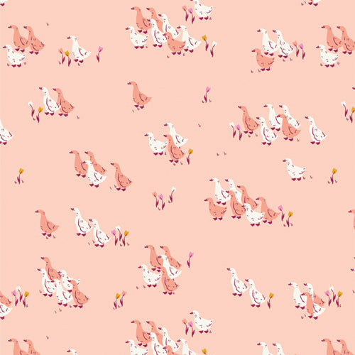 Fabric swatch cute cartoon pink and white geese pink background