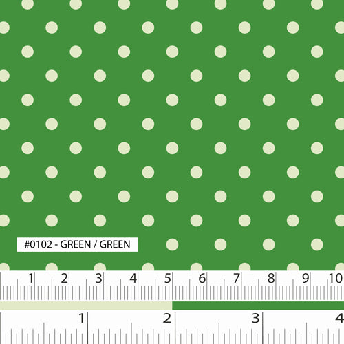 Fabric swatch dark green background with light green polka dots