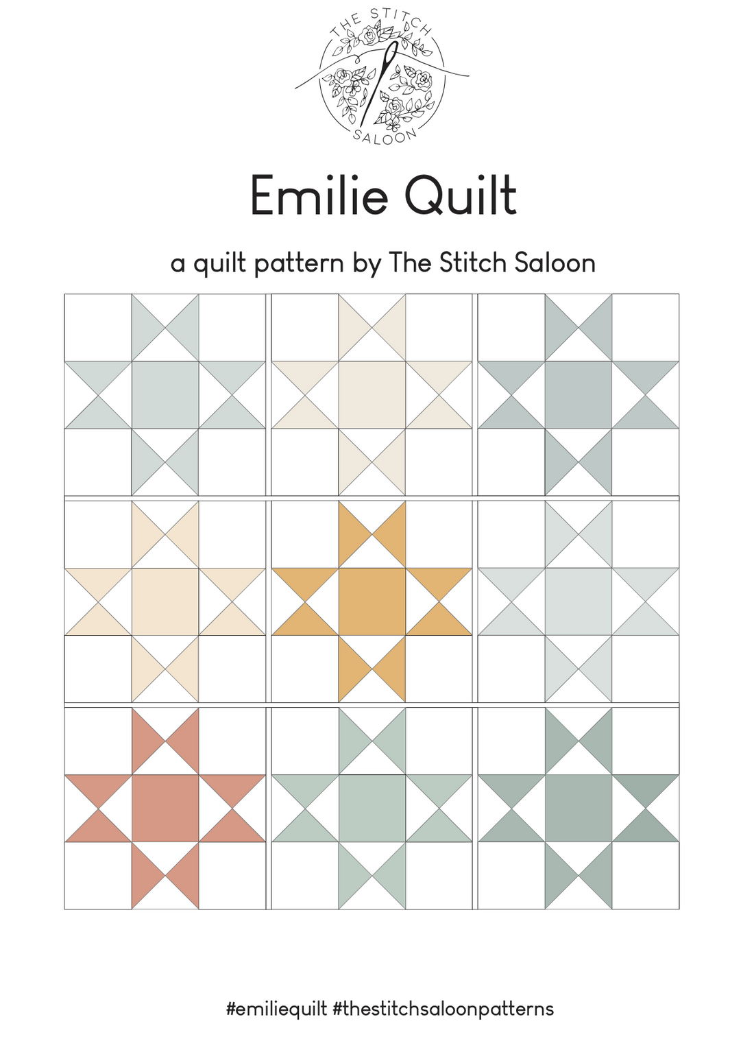 Quilt pattern by the stitch saloon, white background charming modern blue mustard cream stars