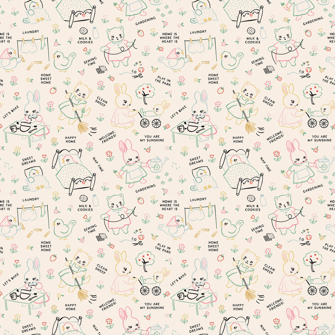 Fabric swatch cute animals doing chores at home on cream background