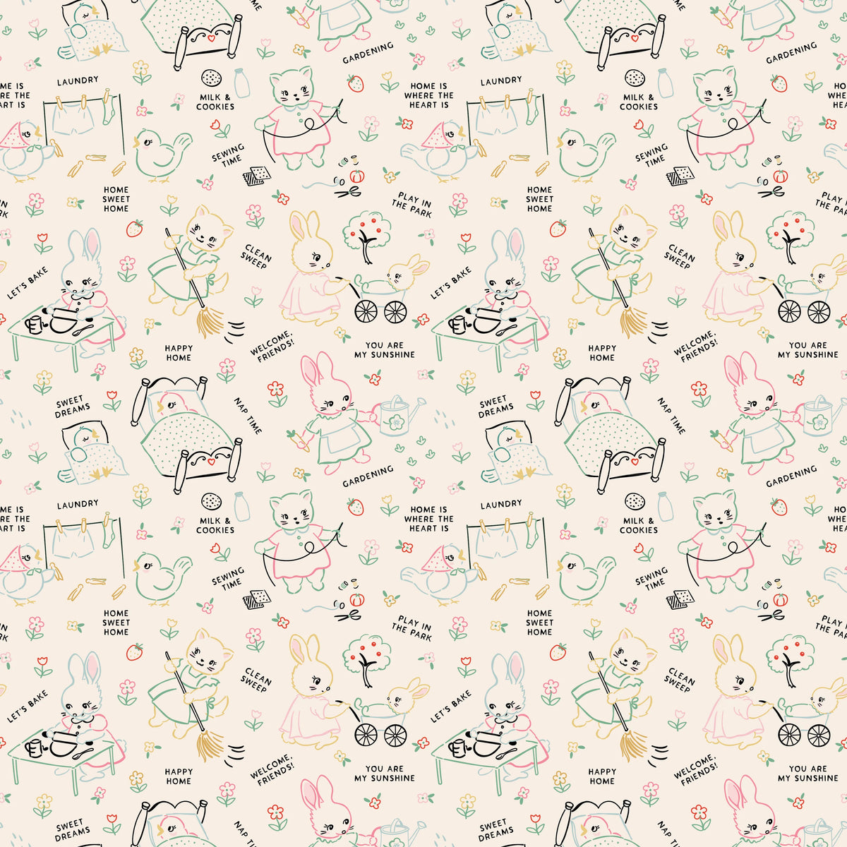 Fabric swatch cute animals doing chores at home on cream background