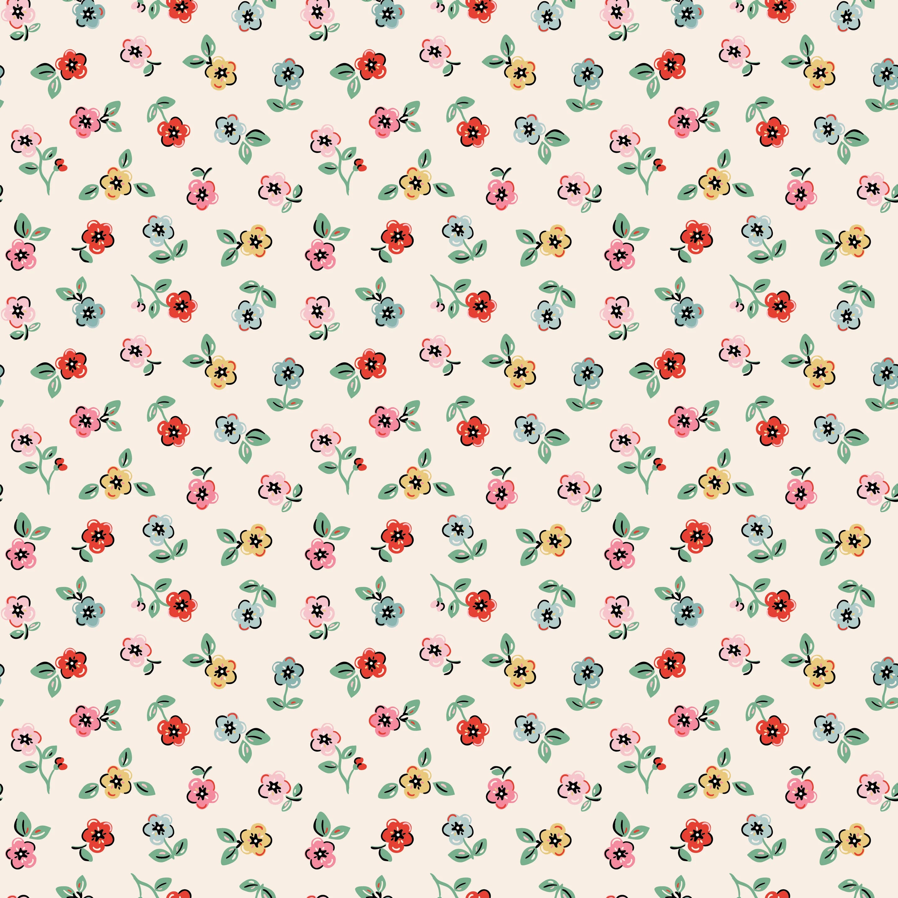 Fabric swatch small pink red yellow flowers with leaves on cream background